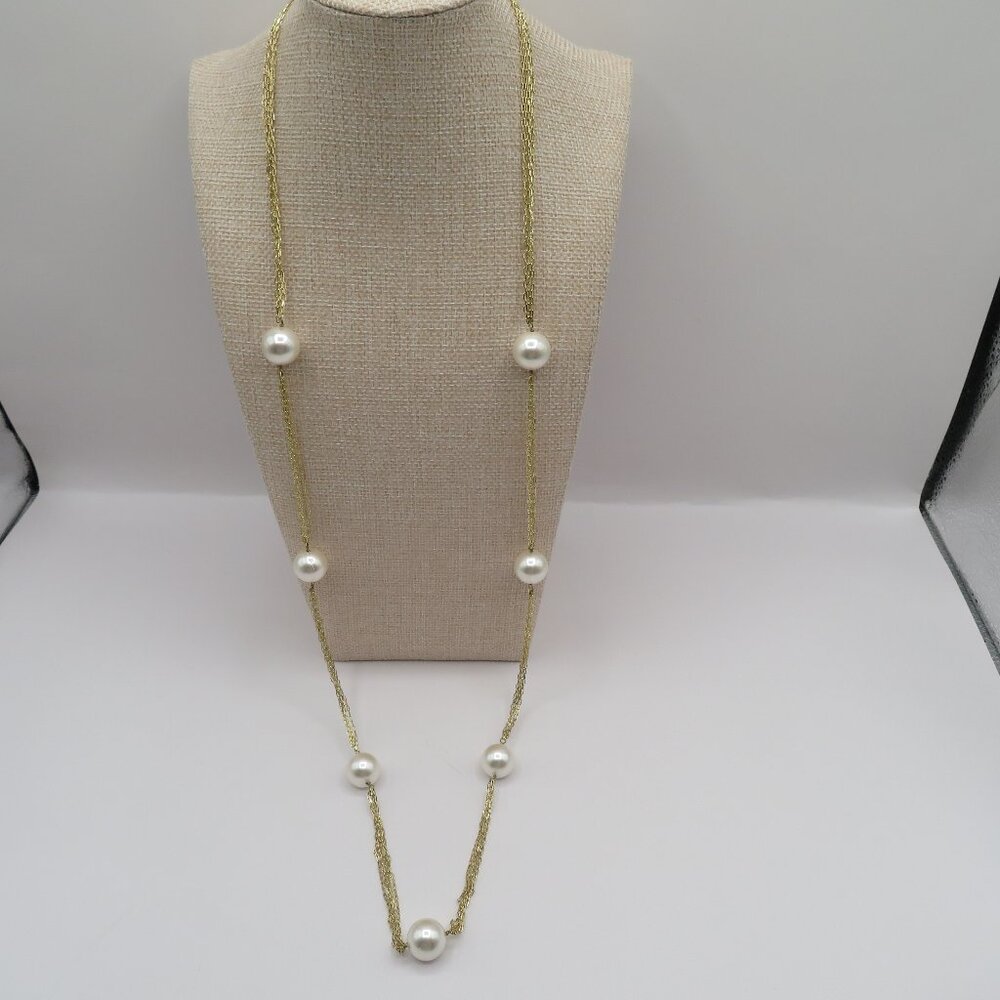 Vintage Gold Tone Multi Strand Station Necklace with Simulated Pearls.